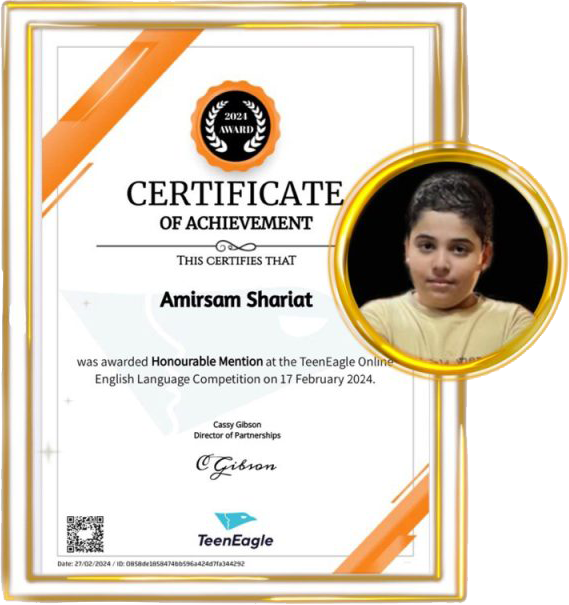 ‪Amir-Sam Shariati, a 12-year-old teenager, earns an international degree from the Teen Eagle World Championships in England 2023.‬